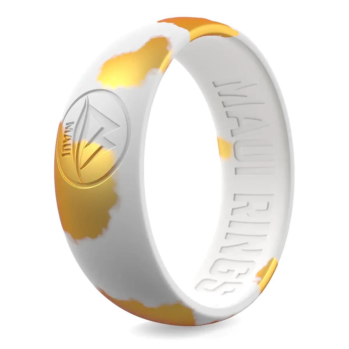 Contemporary gold and white marble silicone rings are a stylish and refined accessory for men at chic occasions.